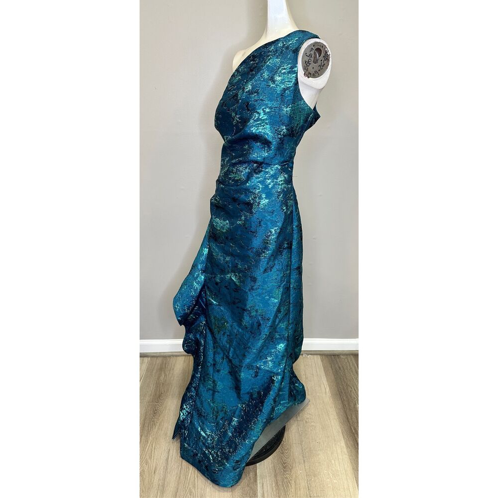 NWT Rickie Freeman Teri Jon Jacquard One Shoulder Side Ruffle Gown Size 14 $810 - Picture 4 of 9